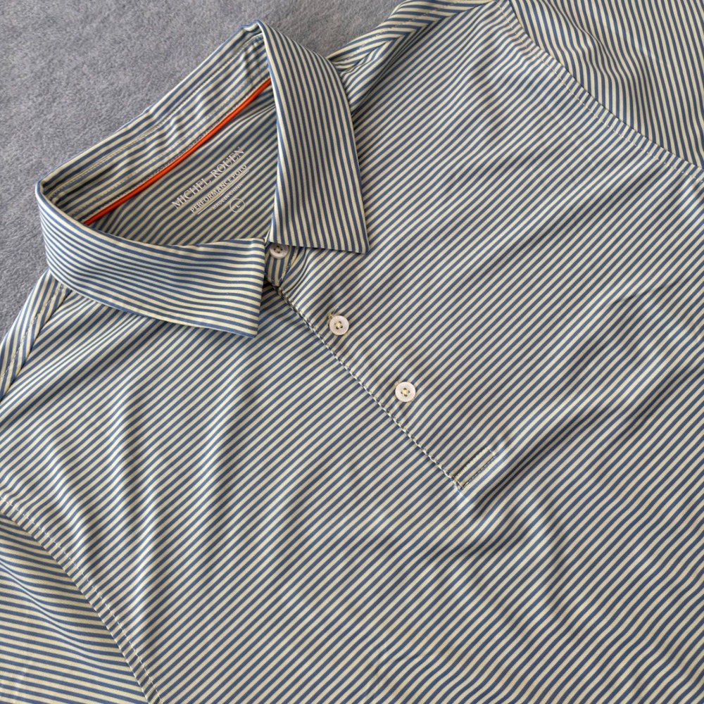 Michel Rouen Mens Performance Polo Shirt Blue Tan Striped Size Large Golf